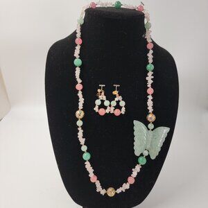 Jade & Coral Butterfly Vintage Necklace & Earrings Gold Cloisonne Beads